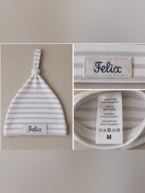 Personalized Newborn Knotted Baby Hat – Cotton Knot Hat in Light Gray Stripe